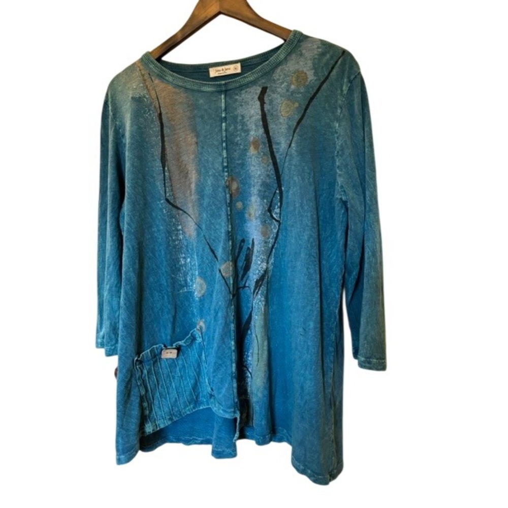 Jess & Jane Teal Mineral Wash Abstract Graphic Tunic Top XL Made in USA